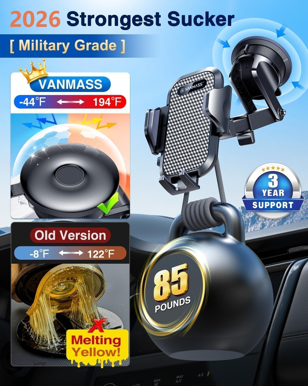 [2026 Militärstandard] Auto-Handyhalterung VANMASS [Verbesserter stärkster Saugnapf & Clip] Handyhalterung für Armaturenbrett Windschutzscheibe Lüftungsschlitz Schreibtisch, LKW-Halterung für iPhone 17 Pro Max 16 15 14 Android