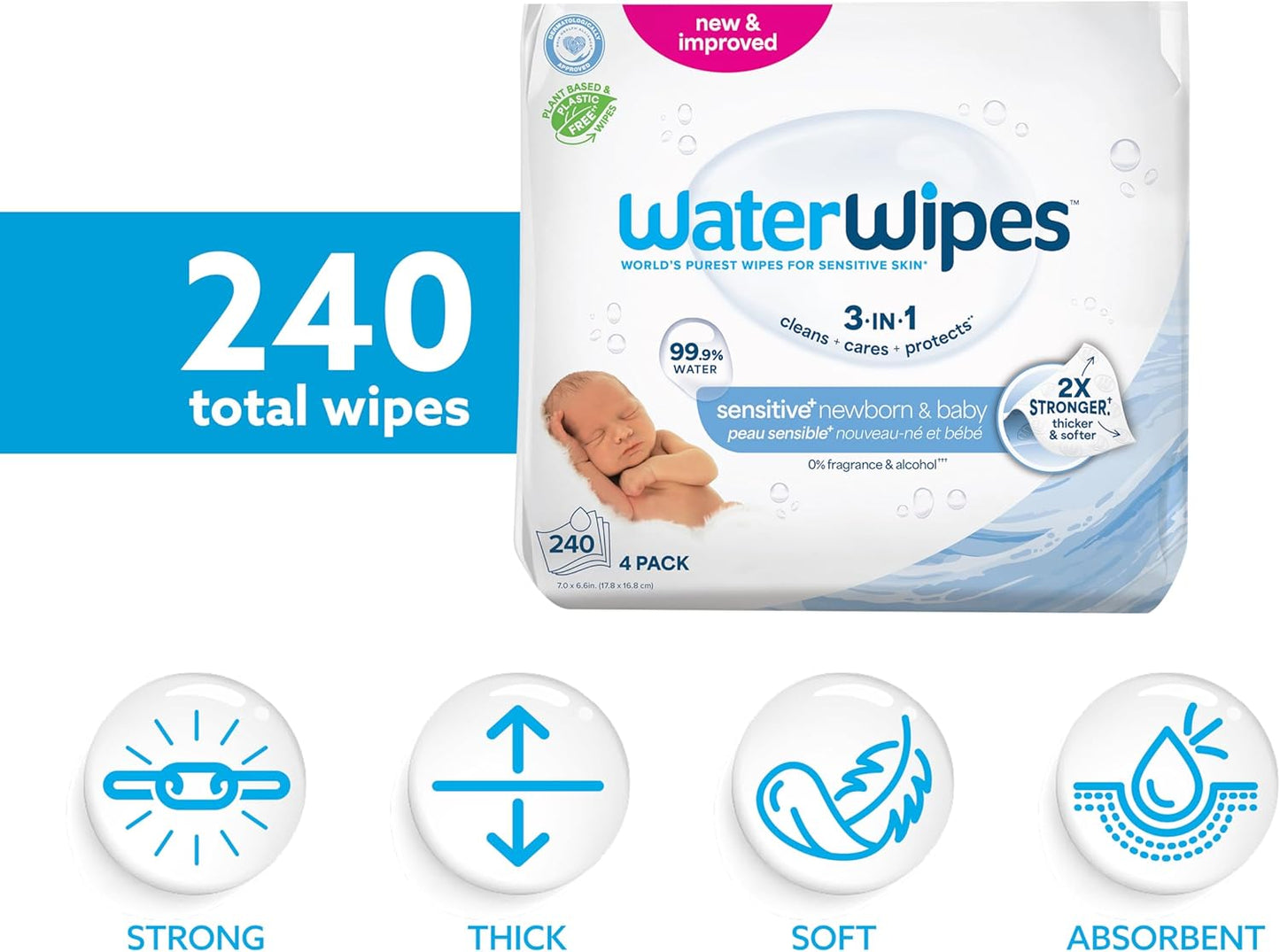 WaterWipes Sensitive+ Baby-Feuchttücher für Neugeborene und Babys, 3-in-1 reinigt, pflegt, schützt, 99,9 % Wasser, unparfümiert & hypoallergen, 720 Stück (12 Packungen)