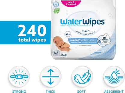 WaterWipes Sensitive+ Baby-Feuchttücher für Neugeborene und Babys, 3-in-1 reinigt, pflegt, schützt, 99,9 % Wasser, unparfümiert & hypoallergen, 720 Stück (12 Packungen)