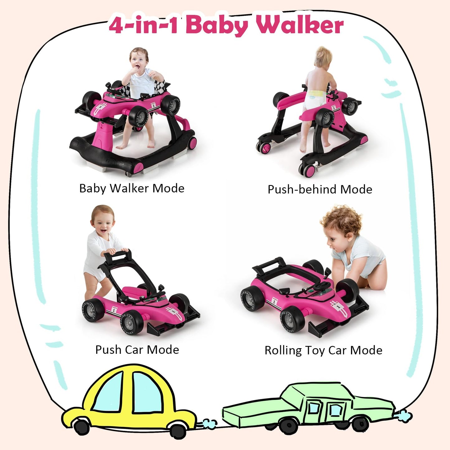 HONEY JOY 4-in-1 Baby Walker, Activity Push Walker w/3 Adjustable Heights, Smooth Wheels w/Adjustable Speed, Padded Seat, Music & Light, Foldable Car Walker for Baby Boys Girls Age 6 Months+ (Blue)