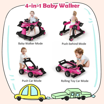 HONEY JOY 4-in-1 Baby Walker, Activity Push Walker w/3 Adjustable Heights, Smooth Wheels w/Adjustable Speed, Padded Seat, Music & Light, Foldable Car Walker for Baby Boys Girls Age 6 Months+ (Blue)