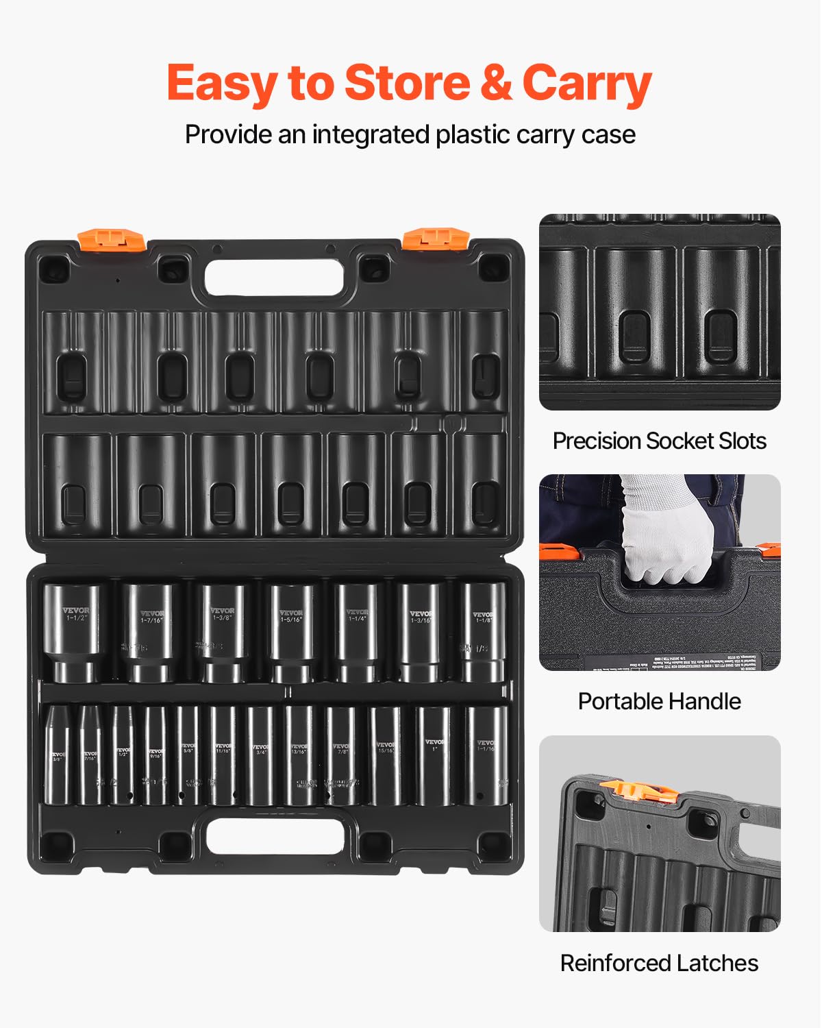 VEVOR 91-Piece 1/2" Drive Impact Socket Set, SAE (5/16" to 1-1/4") & Metric (8 to 32 mm), CR-V, Deep & Shallow, 6 Point, Ratchet Handle, Universal Joint, Adapters, Extension Bars (3, 5, 10 in)
