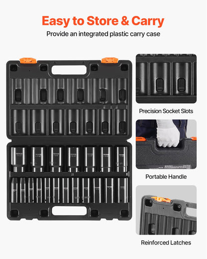 VEVOR 91-Piece 1/2" Drive Impact Socket Set, SAE (5/16" to 1-1/4") & Metric (8 to 32 mm), CR-V, Deep & Shallow, 6 Point, Ratchet Handle, Universal Joint, Adapters, Extension Bars (3, 5, 10 in)