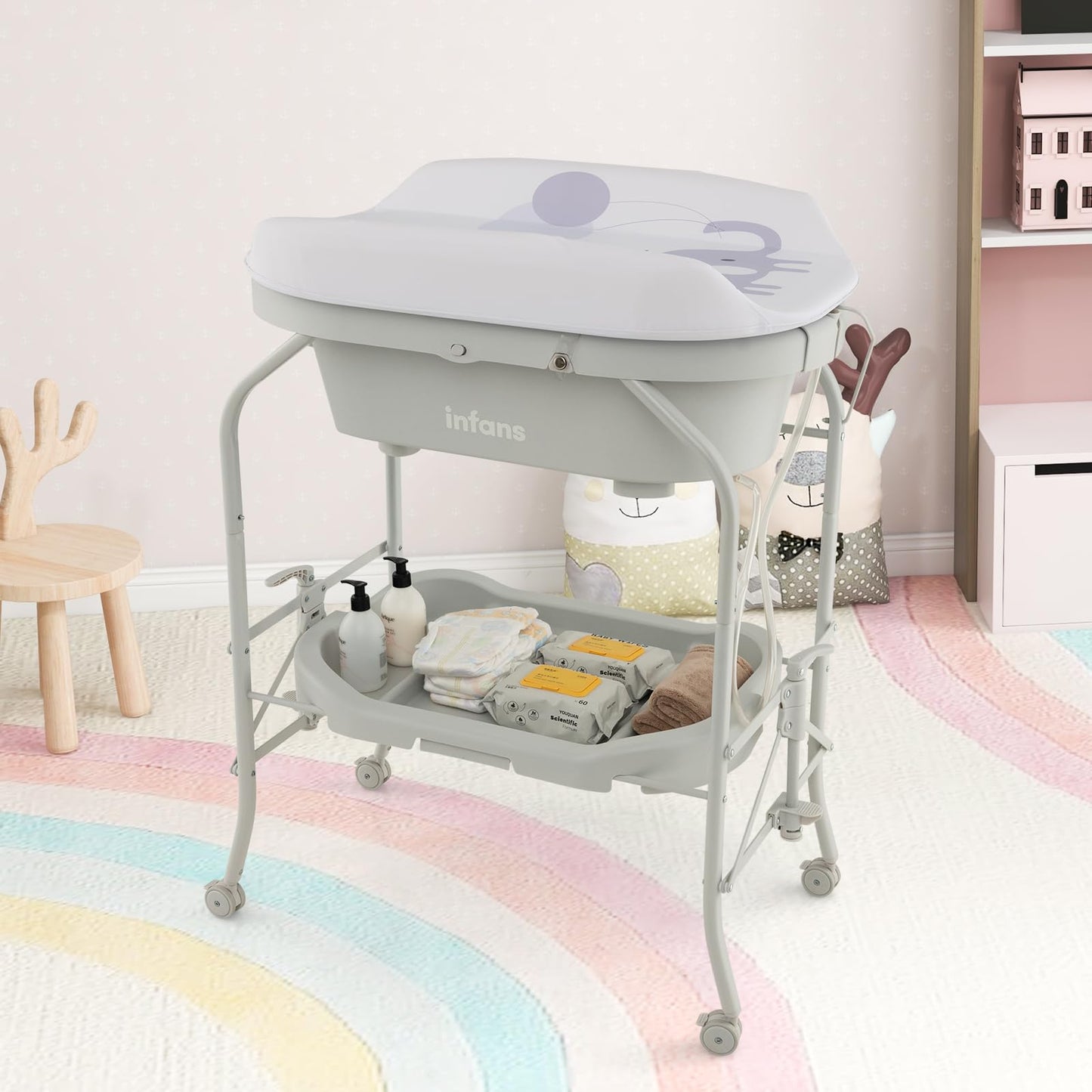 INFANS 2 in 1 Baby Changing Table with Bath Tub Unit, Folding Diaper Dresser Station with Wheels Waterproof Pad Storage Rack, Portable Nursery Organizer Stand for Newborn Infant