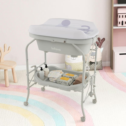 INFANS 2 in 1 Baby Changing Table with Bath Tub Unit, Folding Diaper Dresser Station with Wheels Waterproof Pad Storage Rack, Portable Nursery Organizer Stand for Newborn Infant