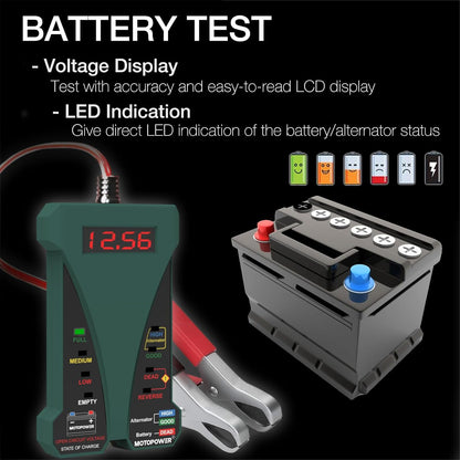 MOTOPOWER MP0514A 12V Digitaler Autobatterietester Voltmeter und Ladesystemanalysator mit LCD-Anzeige und LED-Indikation – Schwarze Gummifarbe