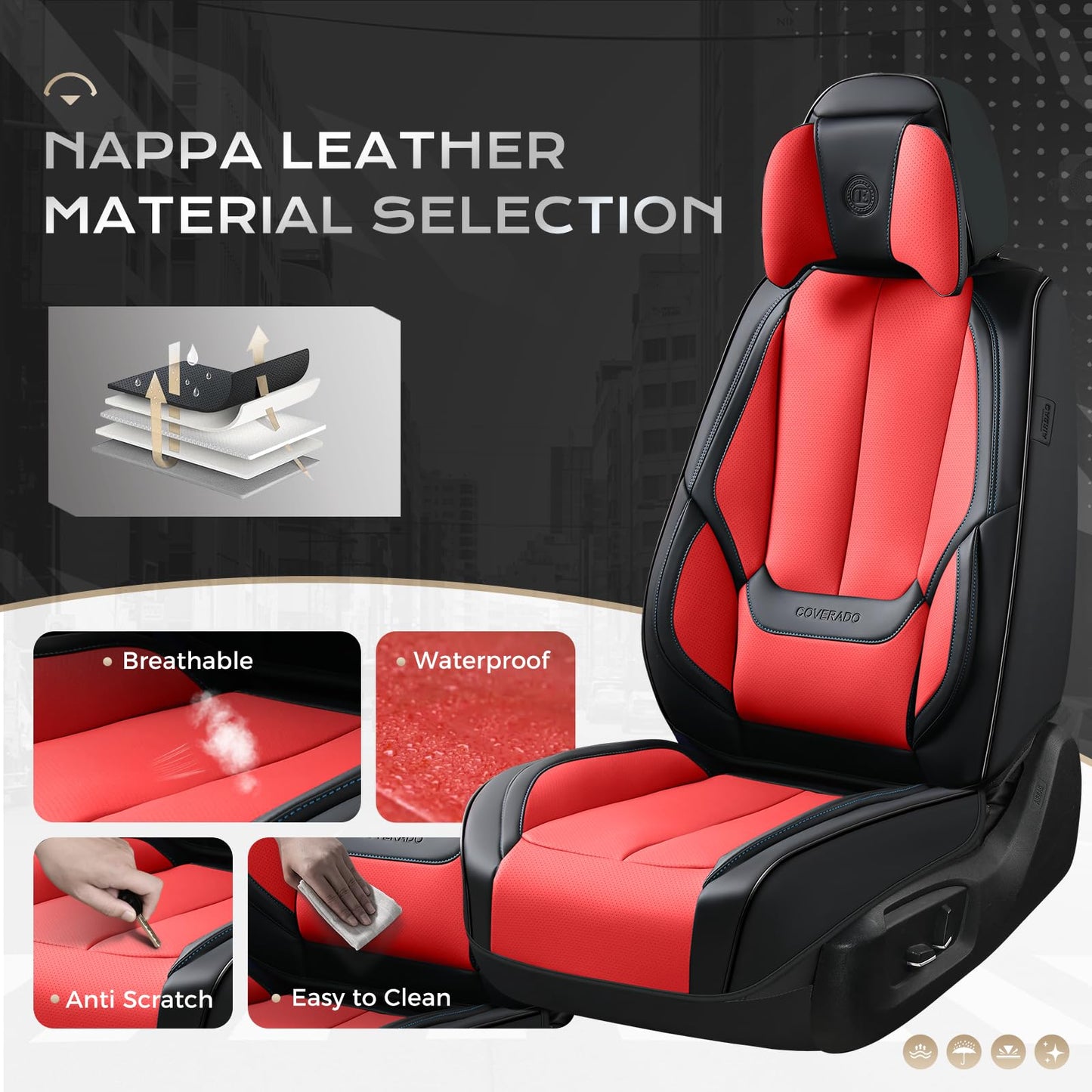Coverado Car Seat Covers 5 Pieces, Full Set Universal Seat Covers for Cars, Waterproof Nappa Leather Auto Seat Protectors with Head Pillow, Car Interiors Fit for Most Sedans SUV Pick-up Truck, Black