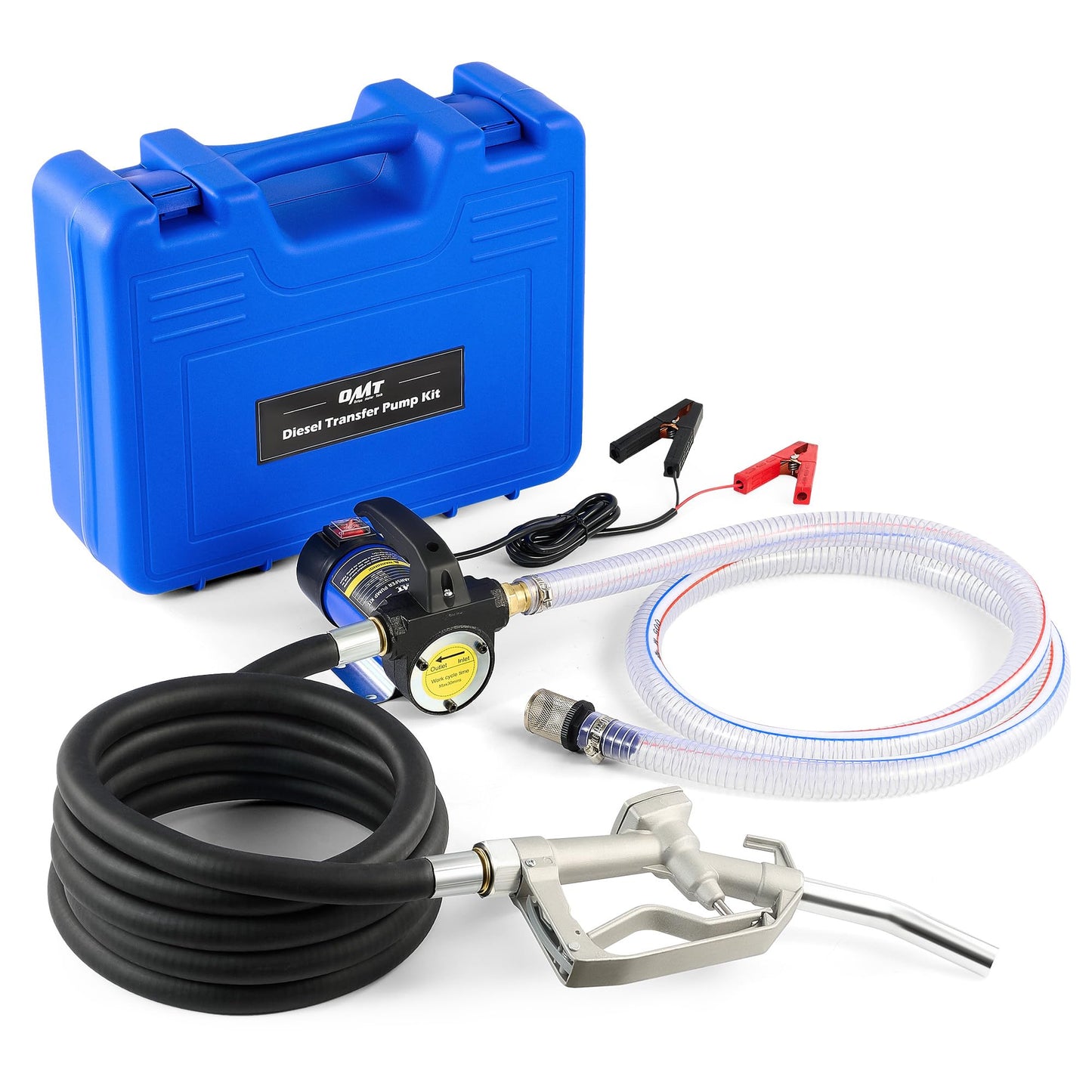 Orion Motor Tech Electric Fuel Transfer Pump with Auto-Shutoff, 3.2GPM Gas Can Pump, 51" Hose, USB-C & AA Battery (NO BATTERIES INCLUDED) Powered, 4 Adapters for Gasoline, Diesel, Kerosene, Blue