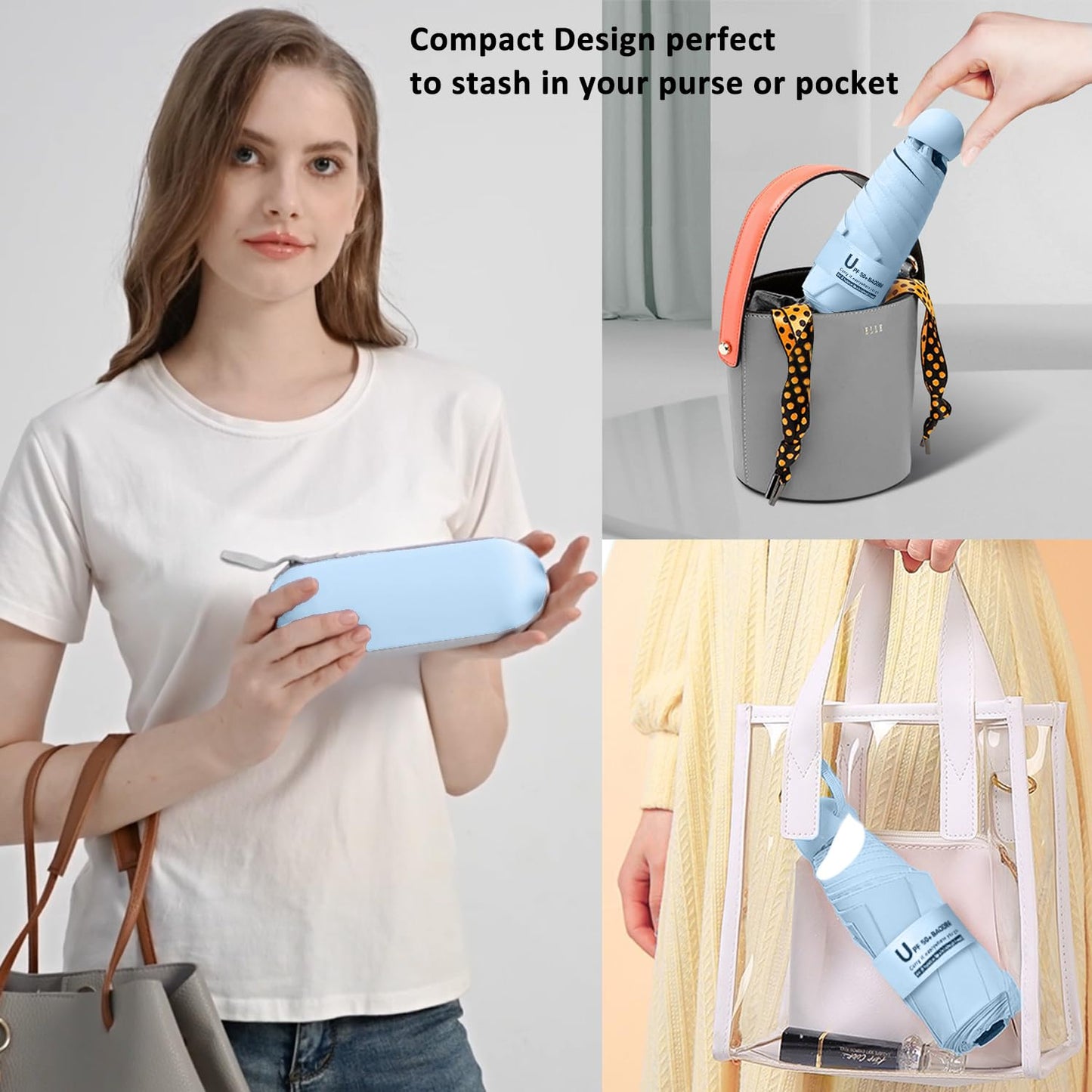 BAODINI Reiseutensilien Mini-Regenschirm für die Handtasche mit Etui Klein Kompakt UV-Sonnenschutz Leicht Winzig Tasche Manuelles Öffnen und Schließen Regenschirm für Damen, Kinder und Herren Passt in Handtasche Rucksack