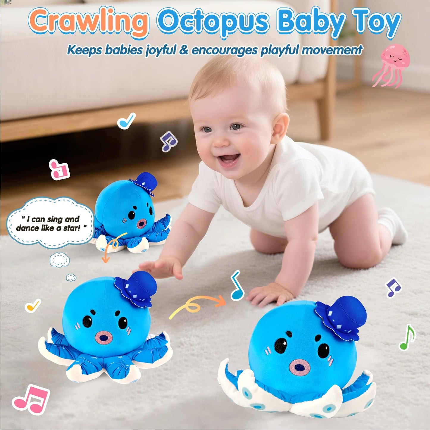 Babyspielzeug 6-12 Monate, Musikalisches Krabbelkrebs Plüschtier - 40 Lieder & Aufnahmefunktion, Tanzendes Laufendes Hüpfendes Bauchzeit Spielzeug, Sensorisches Spielzeug für Kleinkinder 1-3, Geburtstagsgeschenke für Säuglinge