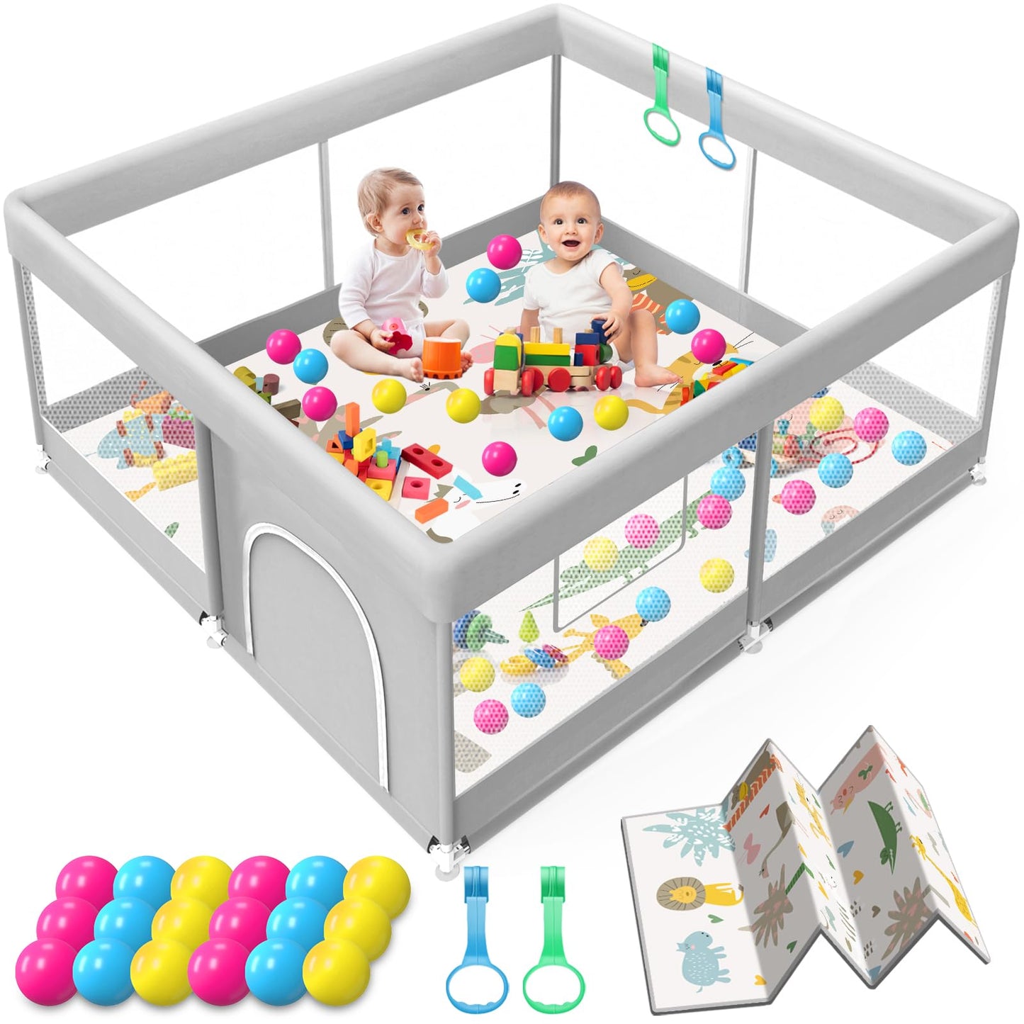 Baby Playpen with Mat 50x50 Inch, Playpen with Colorful Ball for Babies and Toddlers, Baby Play Pen Pin Indoor Play Fence (Mat and Ball Included)