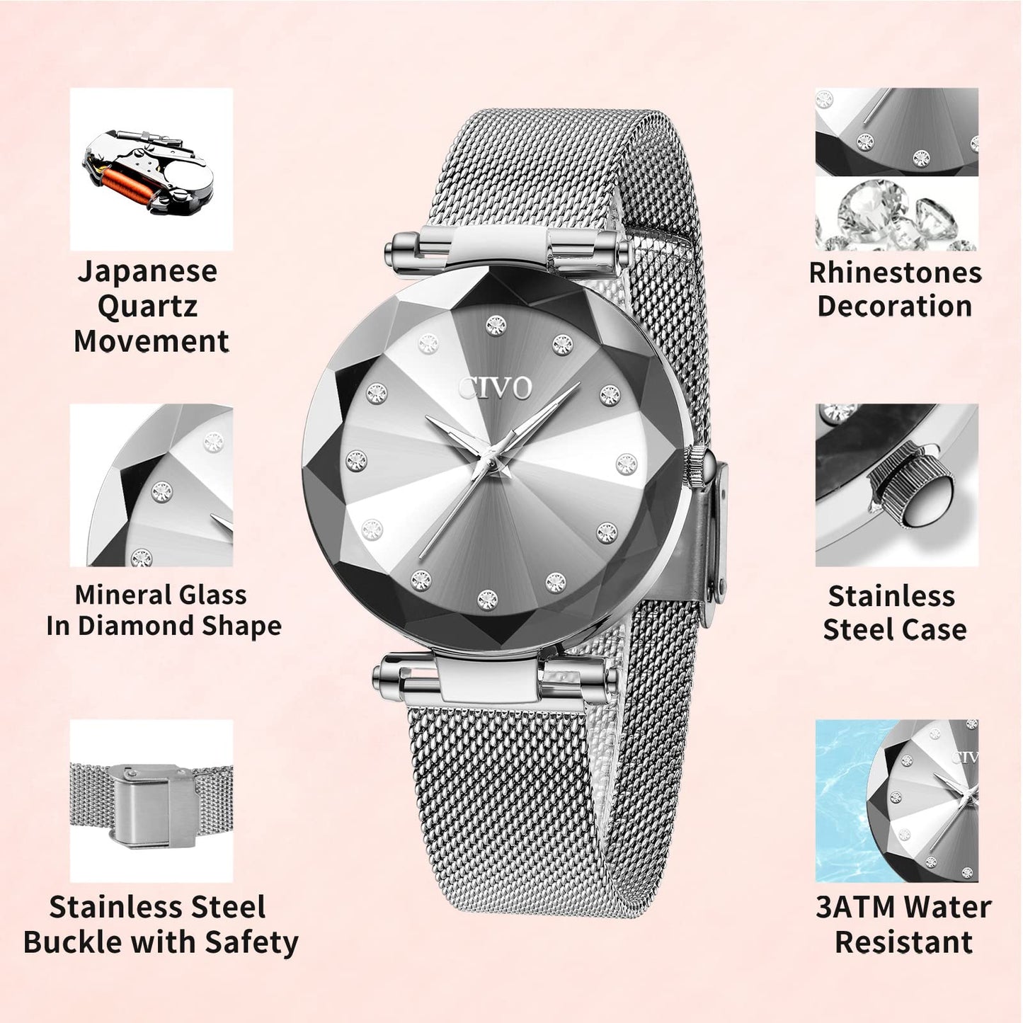 CIVO Damenarmbanduhr, wasserdichte analoge Quarzdameuhr für Damen, Roségold-Mesh-Armband, elegant, luxuriös, Designer-Damenuhr mit Diamant-Zifferblatt