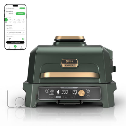 Ninja Woodfire Pro Connect XL Outdoor Grill & Smoker | Bluetooth, App Enabled | 7-in-1 Grill, BBQ Smoker, Outdoor Air Fryer | Woodfire Technology | Built-In Thermometer | Blue & Gold| OG951BL1