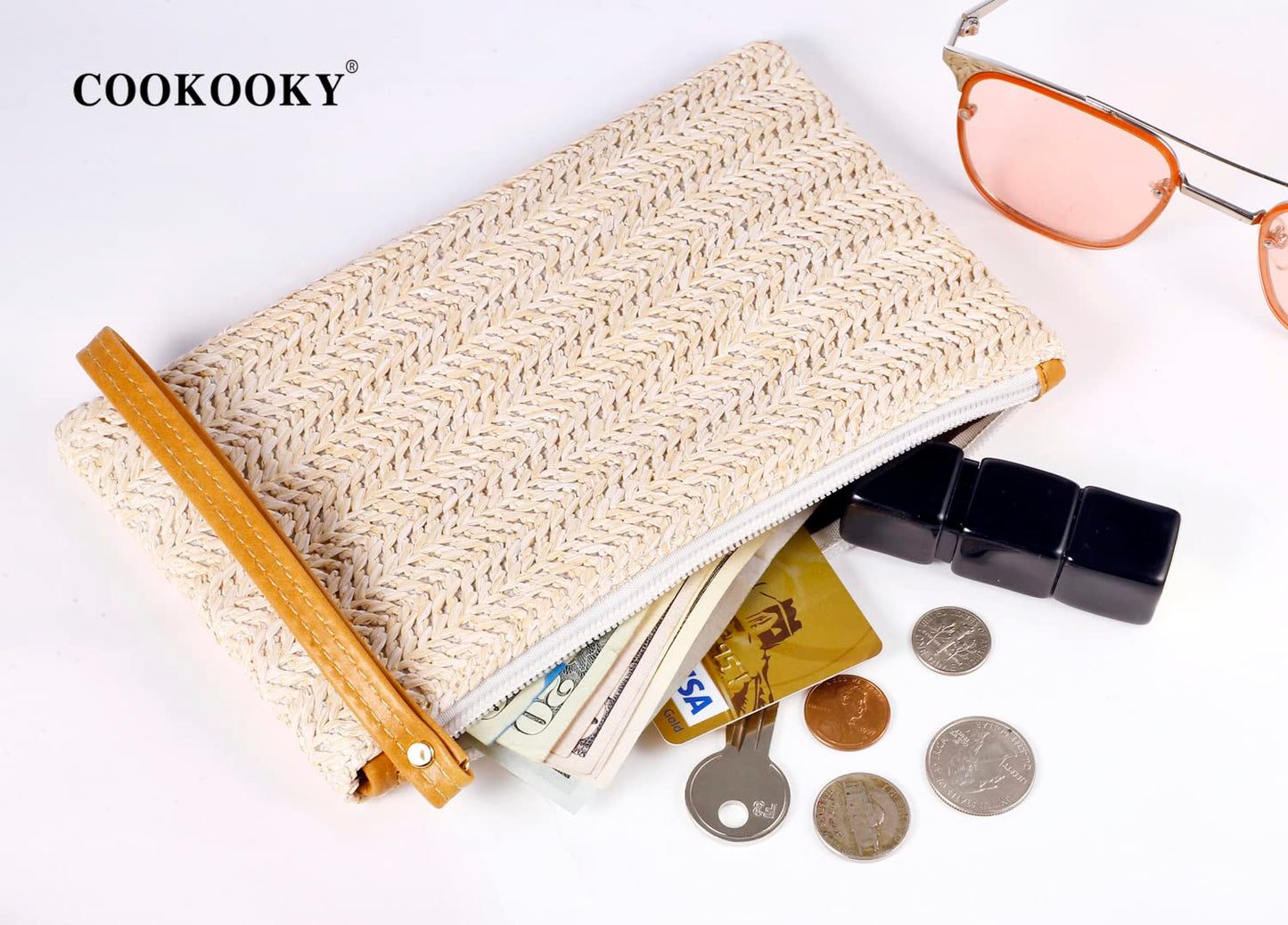 COOKOOKY Damen Stroh-Clutch, böhmische Reißverschluss-Handgelenktasche, Sommer Strand Meer Geldbörse (Beige-Weiß)