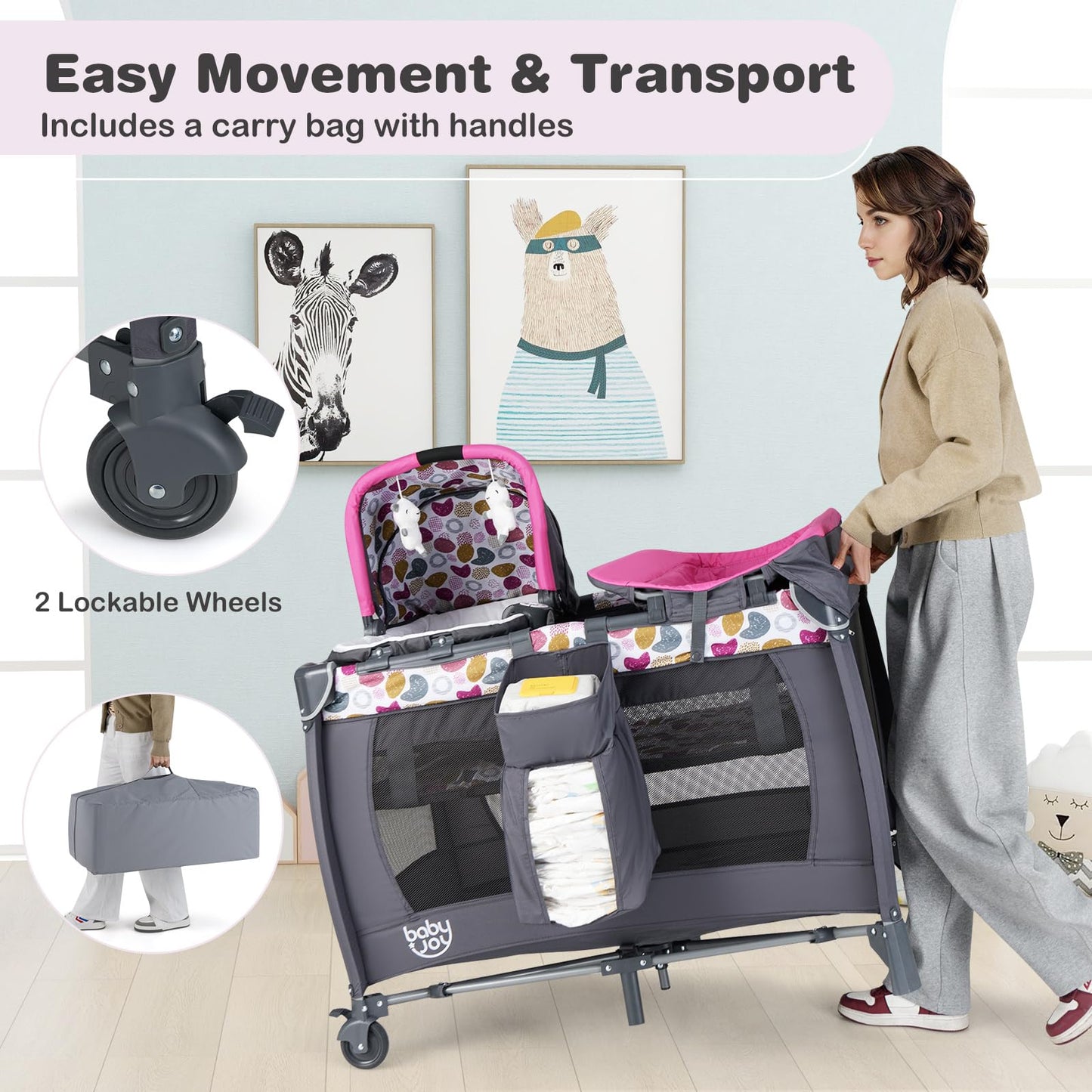 BABY JOY 5 in 1 Pink Pack and Play, Portable Baby Playard with Bassinet & Changing Table, Infant Pink Girl Bassinet Center w/Hangings & Music & Oxford Bag for Baby Toddlers (Rose, Dot Circle)