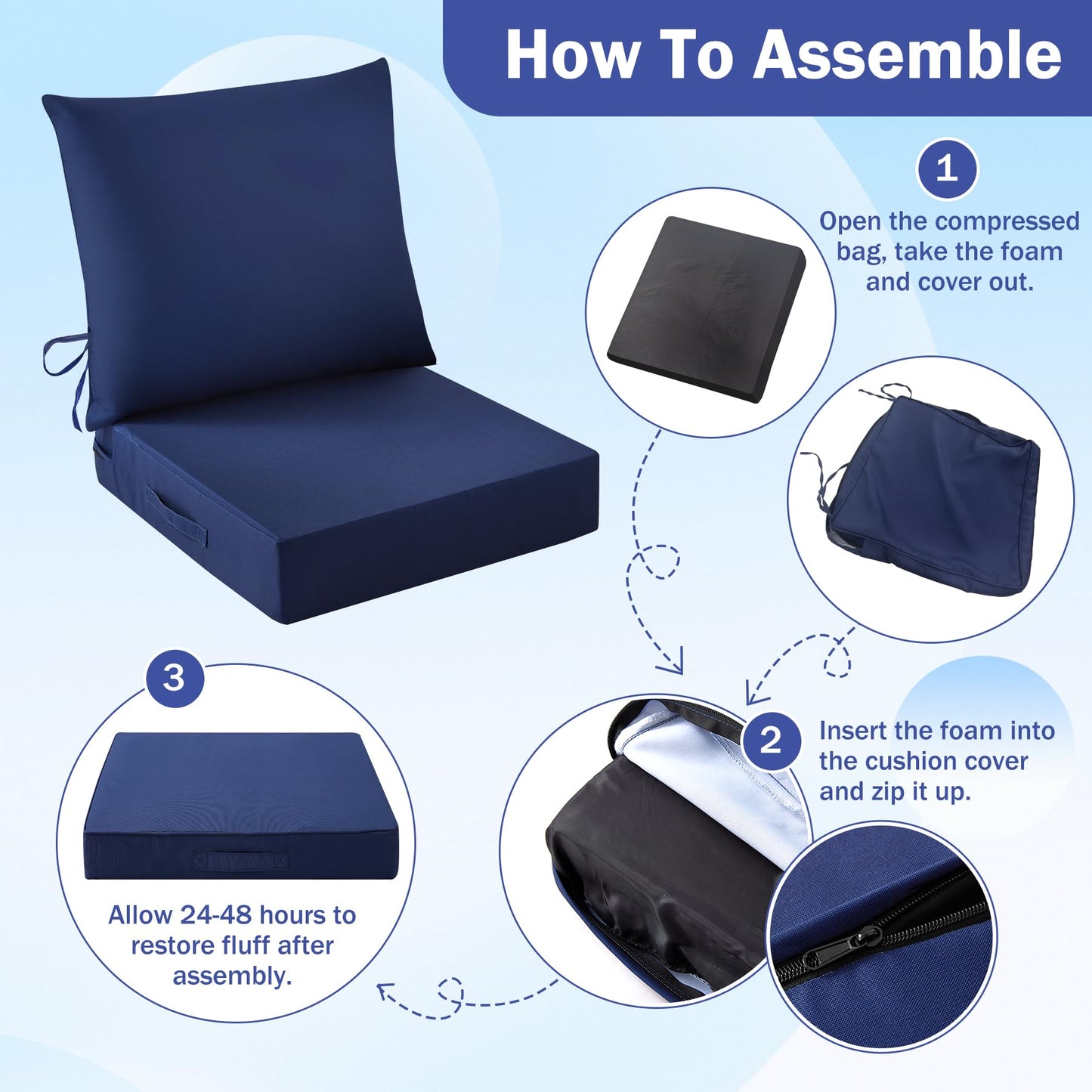 IASEAHK Outdoor Chair Cushions, 24 x 24 Inch Outdoor Cushion for Patio Furniture, Patio Chair Cushion, Waterproof & Fade Resistant Deep Patio Furniture Cushions Set with Handle and Ties, Navy Blue