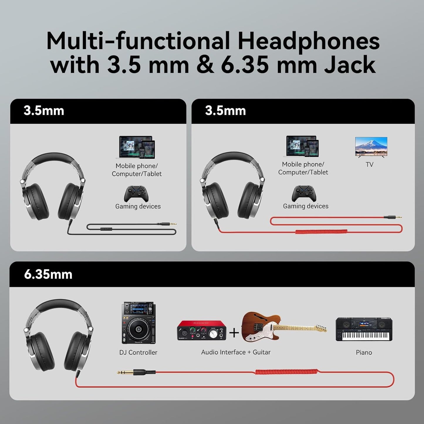 OneOdio Pro-10 Over-Ear Kabelkopfhörer für Schule Studio-Monitor & Mixing DJ Stereo-Headsets, 50mm Neodym-Treiber, Inline-Mikrofon, 3,5mm/6,35mm Klinke für Verstärker Computer Aufnahme Telefon Klavier Gitarre