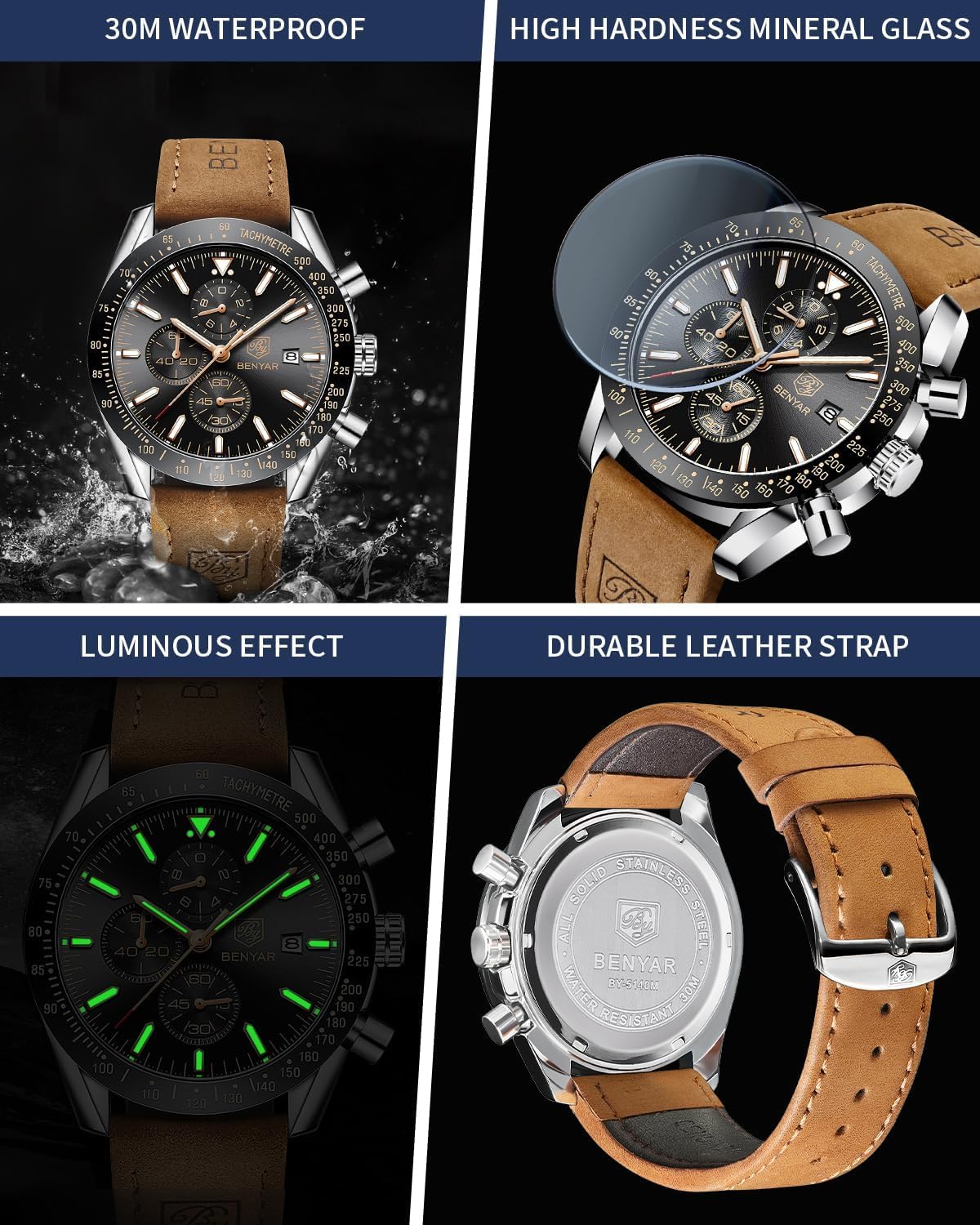 BY BENYAR Uhren für Herren Analog Quarz Chronograph 30M Wasserdicht Leuchtend Großes Zifferblatt Herren Armbanduhren Business Arbeit Sport Freizeit Mode Designer Uhr Elegantes Geschenk für Herren
