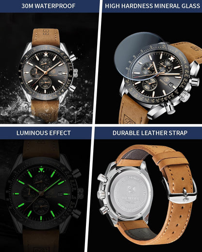 BY BENYAR Uhren für Herren Analog Quarz Chronograph 30M Wasserdicht Leuchtend Großes Zifferblatt Herren Armbanduhren Business Arbeit Sport Freizeit Mode Designer Uhr Elegantes Geschenk für Herren