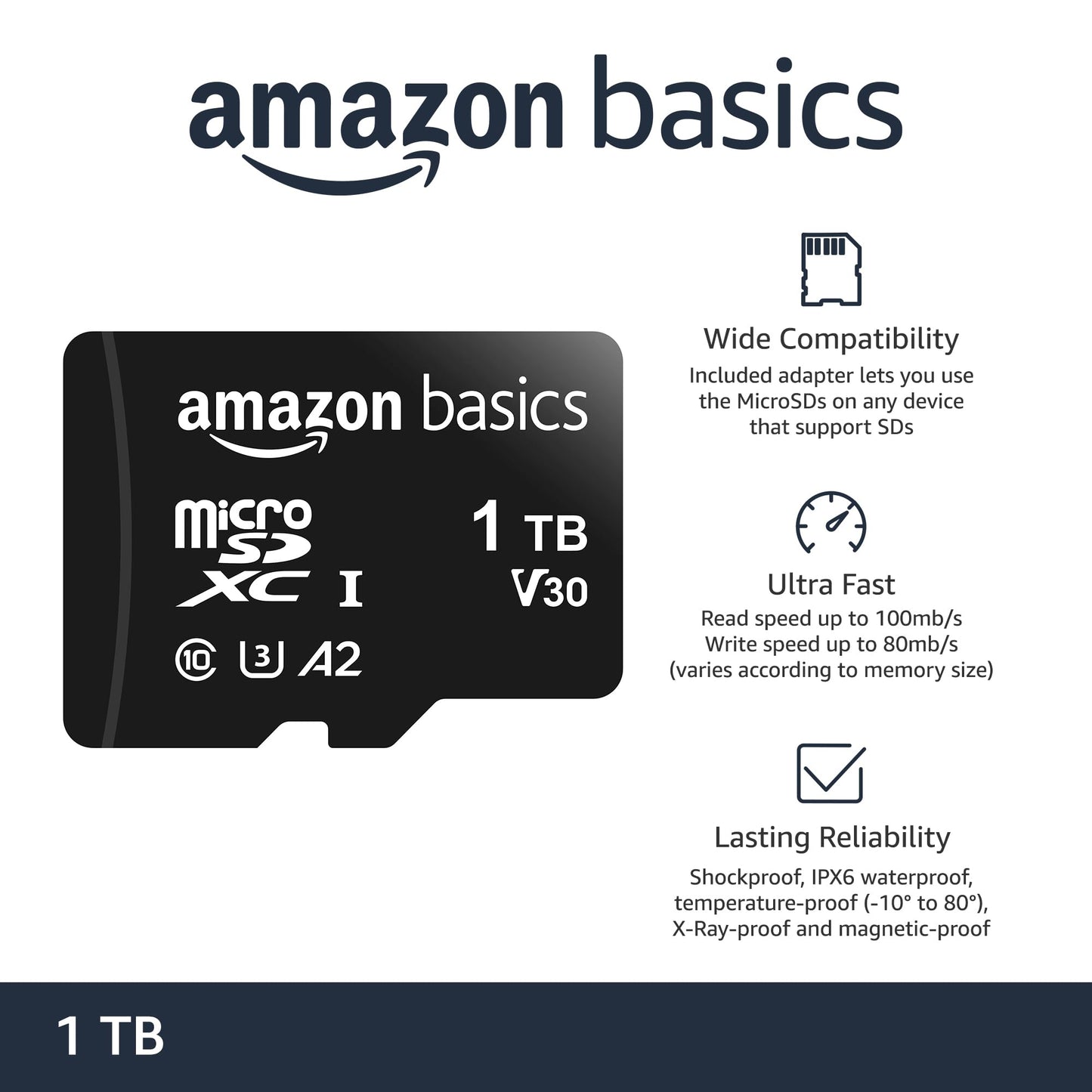 Amazon Basics microSDXC Speicherkarte mit Full-Size Adapter, A2, U3, Lesegeschwindigkeit bis zu 100 MB/s, 128 GB, Schwarz
