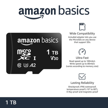 Amazon Basics microSDXC Speicherkarte mit Full-Size Adapter, A2, U3, Lesegeschwindigkeit bis zu 100 MB/s, 128 GB, Schwarz