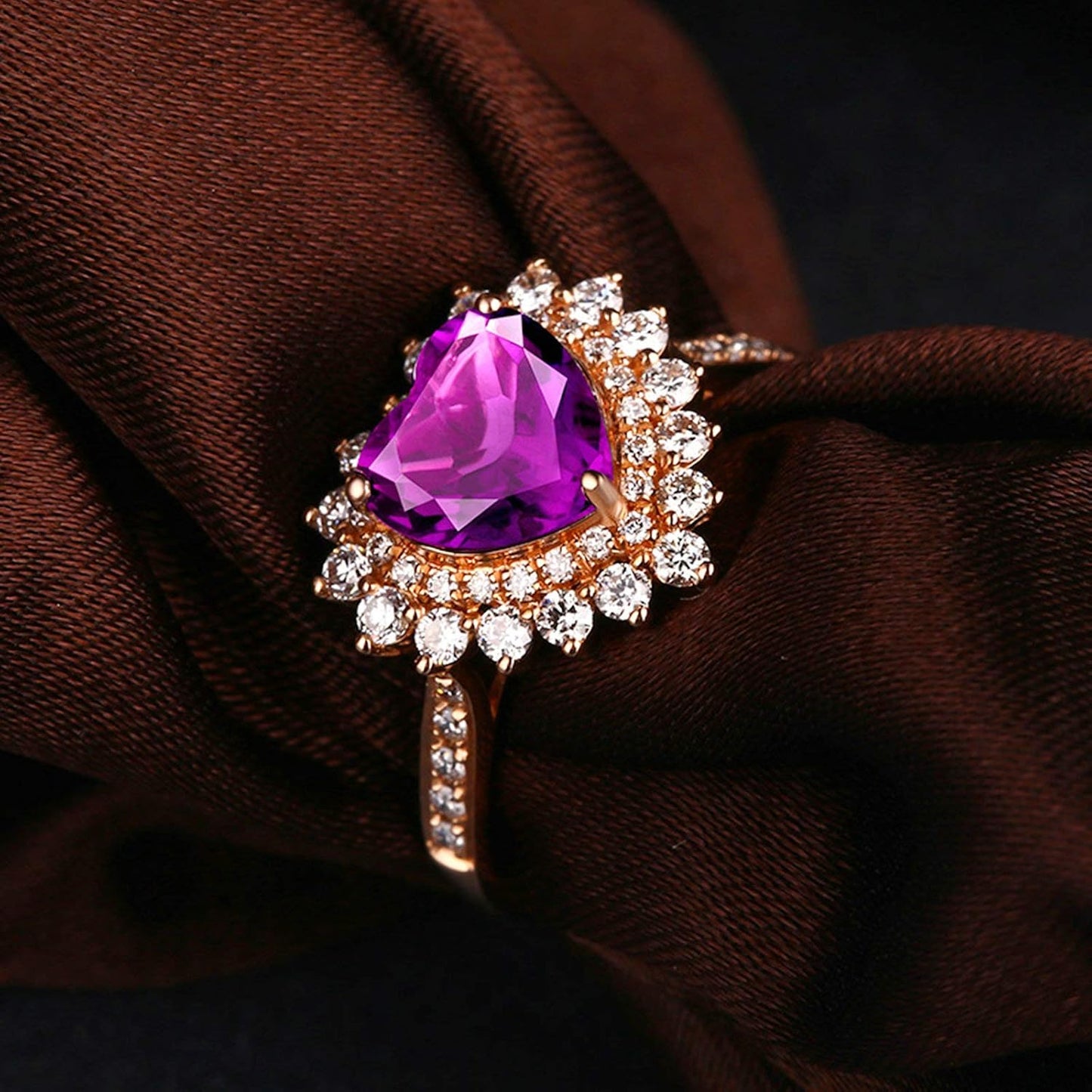 Aienid 18Ct Rose Gold Womens Ring Custom 1.13Ct Heart Shape Amethyst with Round Diamond Wedding Rings for Women