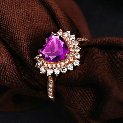 Aienid 18Ct Rose Gold Womens Ring Custom 1.13Ct Heart Shape Amethyst with Round Diamond Wedding Rings for Women