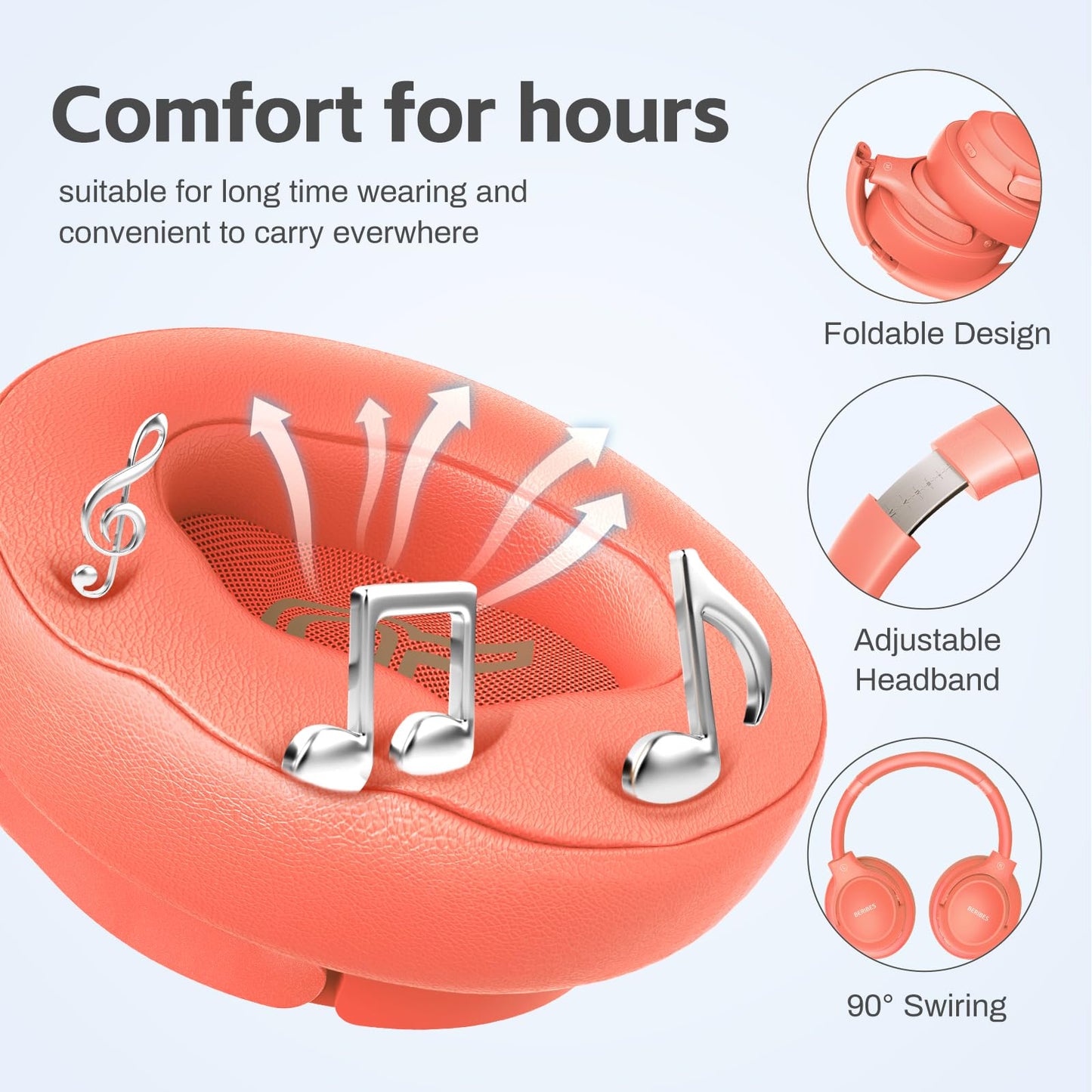 Auriculares Bluetooth BERIBES de diadema, 65H de reproducción y 6 modos de ecualización Auriculares inalámbricos con micrófono, auriculares plegables ligeros HiFi estéreo, graves profundos para oficina en casa, teléfono móvil, PC, etc.