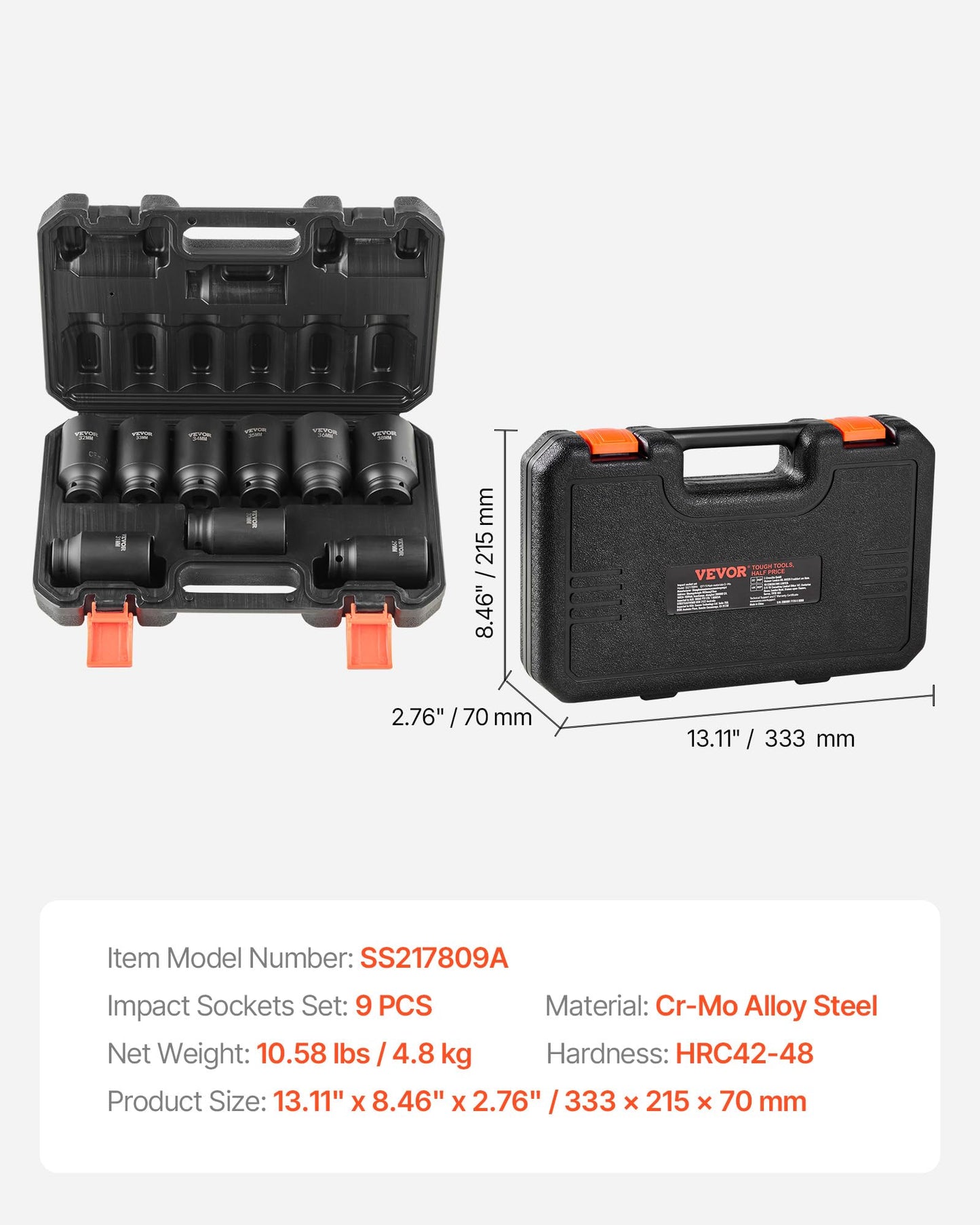 VEVOR 91-Piece 1/2" Drive Impact Socket Set, SAE (5/16" to 1-1/4") & Metric (8 to 32 mm), CR-V, Deep & Shallow, 6 Point, Ratchet Handle, Universal Joint, Adapters, Extension Bars (3, 5, 10 in)