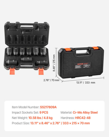 VEVOR 91-Piece 1/2" Drive Impact Socket Set, SAE (5/16" to 1-1/4") & Metric (8 to 32 mm), CR-V, Deep & Shallow, 6 Point, Ratchet Handle, Universal Joint, Adapters, Extension Bars (3, 5, 10 in)