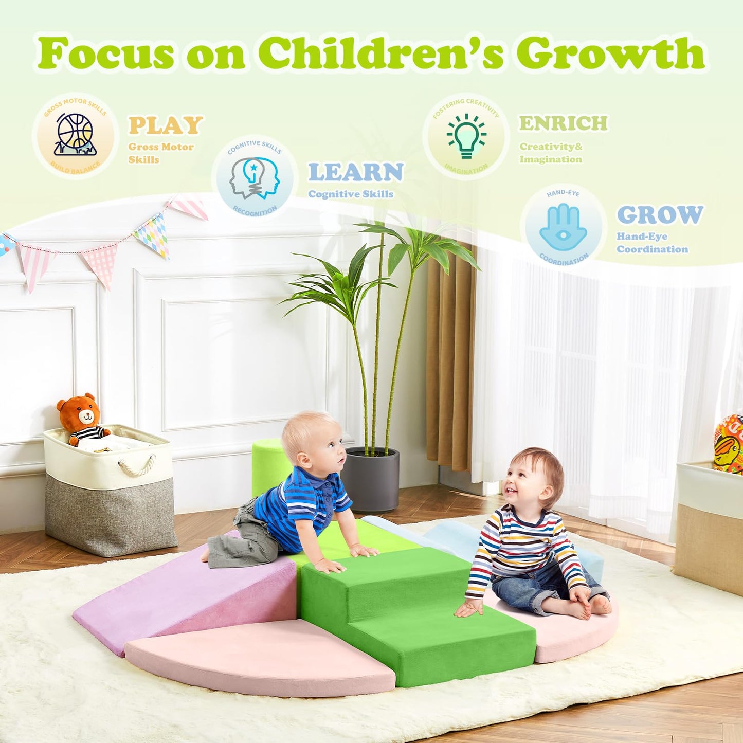QUCHI Kletterspielzeug für Kleinkinder, Kletterspielzeug für Kleinkinder drinnen, 7-teiliges Weichschaum-Kletterblock-Set, Kleinkind-Spielecke Kletterer Indoor Schaumstoff-Spielplatz zum Klettern, Krabbeln und Rutschen