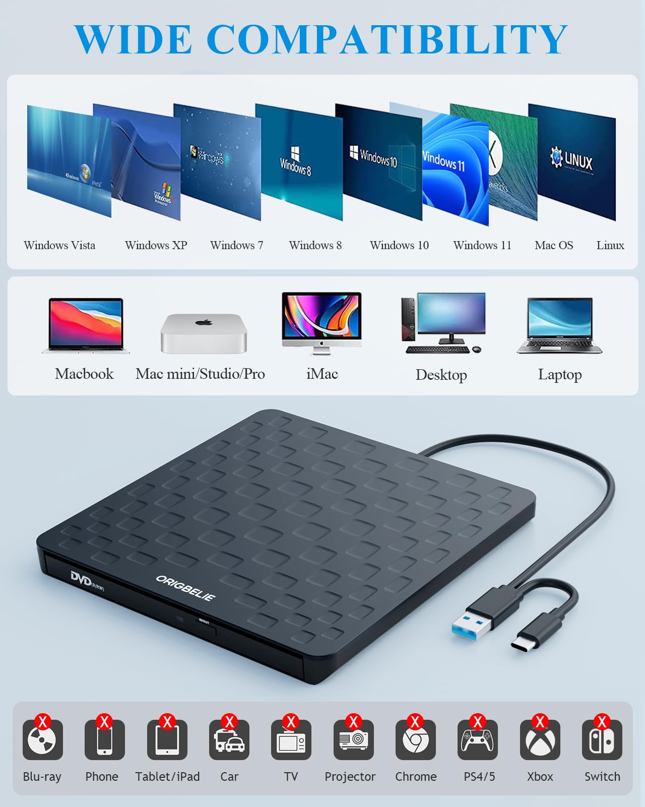 ORIGBELIE externes DVD-Laufwerk, CD-Laufwerk USB 3.0 Typ-C CD/DVD ROM +/-RW Adapter mit USB-Anschluss DVD-Brenner für Laptop, PC, Desktop-Computer, optisches Laufwerk CD-Player kompatibel mit Mac Windows Linux