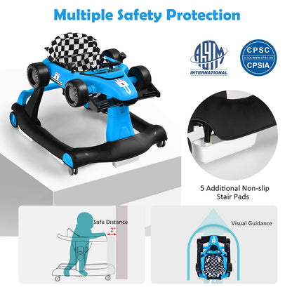 HONEY JOY 4-in-1 Baby Walker, Activity Push Walker w/3 Adjustable Heights, Smooth Wheels w/Adjustable Speed, Padded Seat, Music & Light, Foldable Car Walker for Baby Boys Girls Age 6 Months+ (Blue)