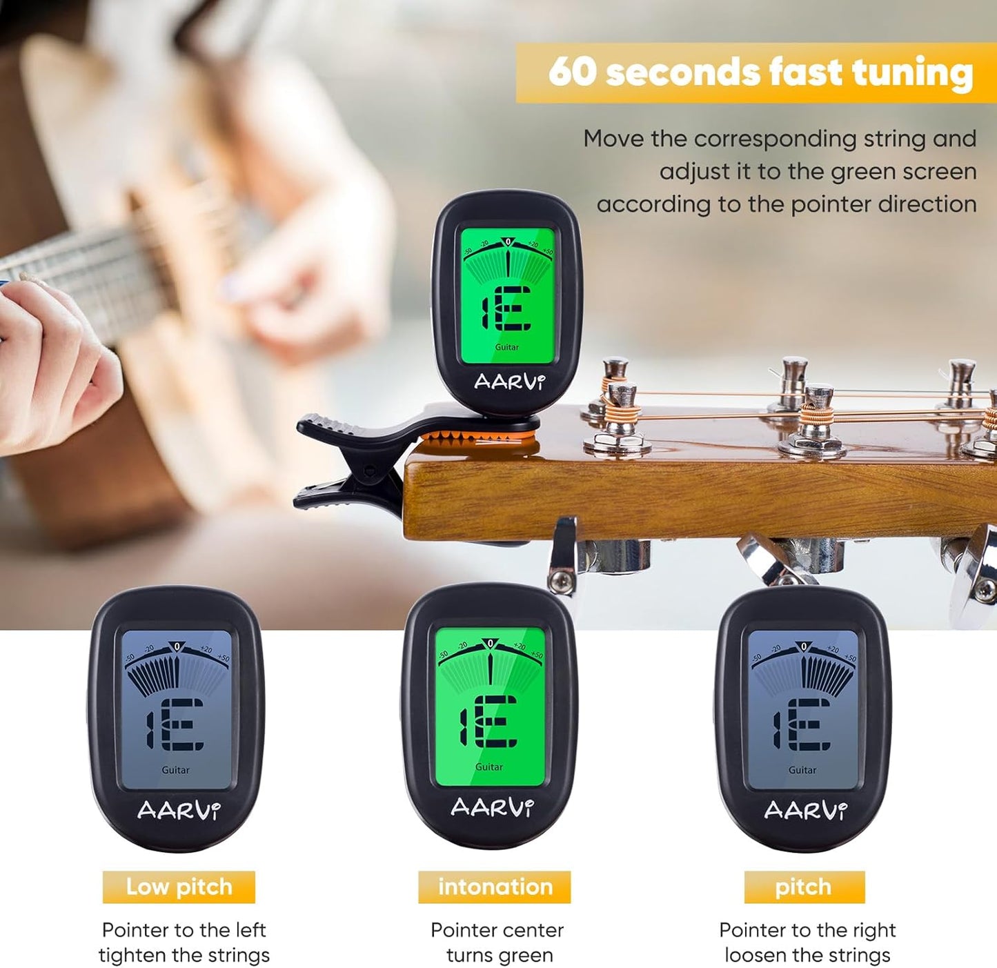 AARVI Clip-On Gitarrenstimmgerät für alle Instrumente, Akustik-/E-Gitarre, Ukulele, Bass, Violine, Banjo, großes, klares LCD-Display zum Stimmen der Gitarre, chromatisches Stimmgerät, 4 Gitarrenplektren inklusive