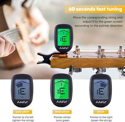 AARVI Clip-On Gitarrenstimmgerät für alle Instrumente, Akustik-/E-Gitarre, Ukulele, Bass, Violine, Banjo, großes, klares LCD-Display zum Stimmen der Gitarre, chromatisches Stimmgerät, 4 Gitarrenplektren inklusive