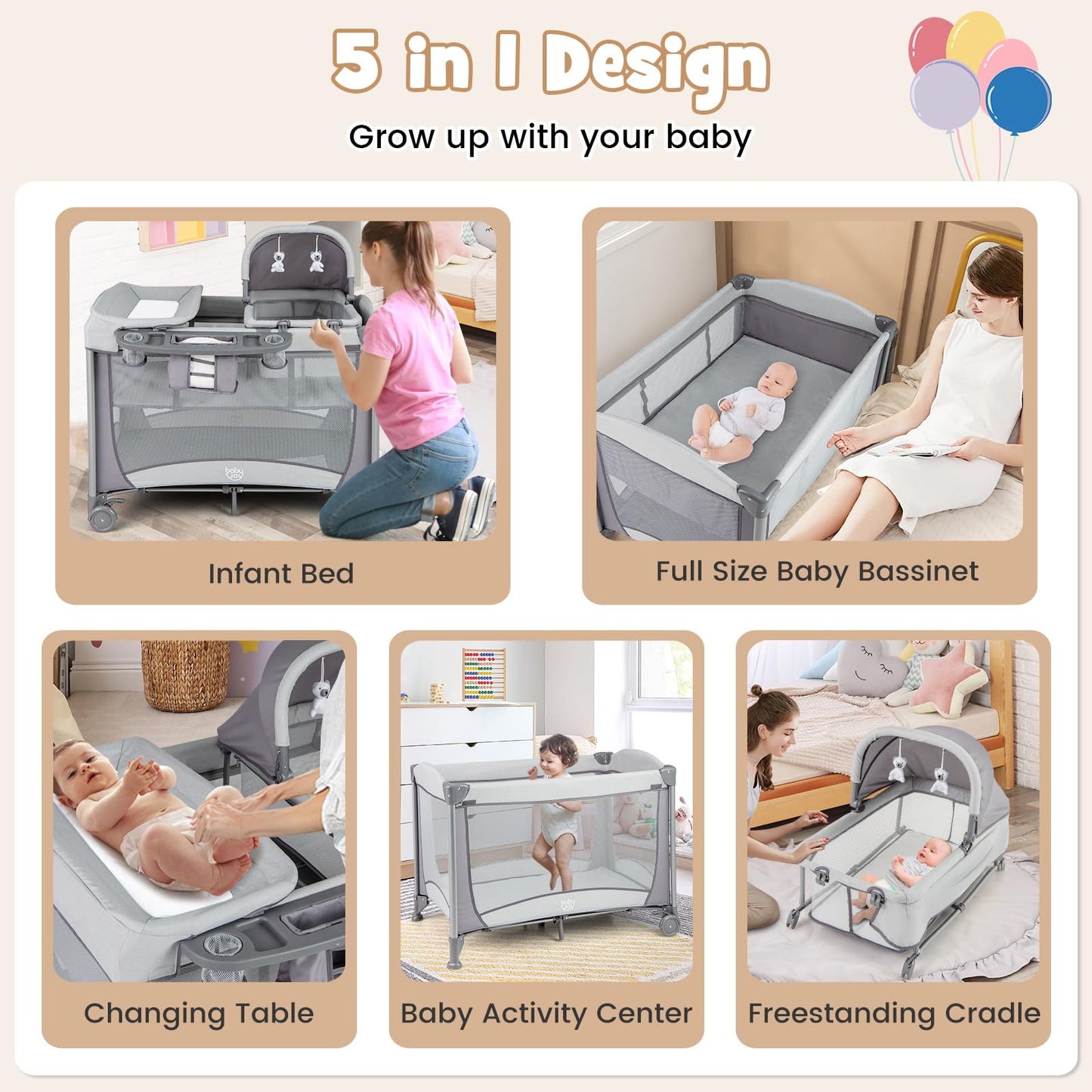 BABY JOY 5 in 1 Pink Pack and Play, Portable Baby Playard with Bassinet & Changing Table, Infant Pink Girl Bassinet Center w/Hangings & Music & Oxford Bag for Baby Toddlers (Rose, Dot Circle)