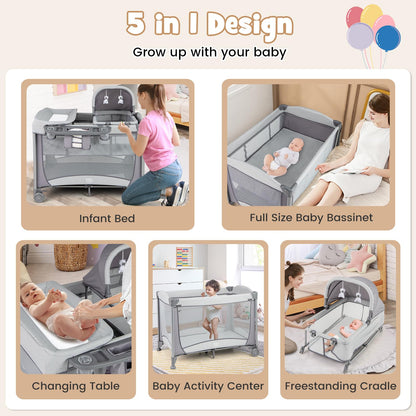 BABY JOY 5 in 1 Pink Pack and Play, Portable Baby Playard with Bassinet & Changing Table, Infant Pink Girl Bassinet Center w/Hangings & Music & Oxford Bag for Baby Toddlers (Rose, Dot Circle)