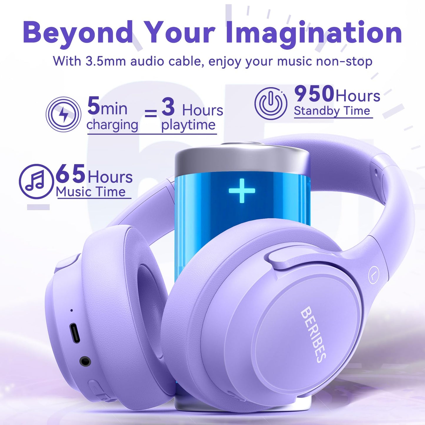 Auriculares Bluetooth BERIBES de diadema, 65H de reproducción y 6 modos de ecualización Auriculares inalámbricos con micrófono, auriculares plegables ligeros HiFi estéreo, graves profundos para oficina en casa, teléfono móvil, PC, etc.