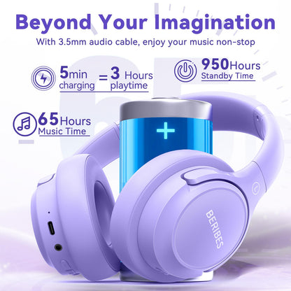 Auriculares Bluetooth BERIBES de diadema, 65H de reproducción y 6 modos de ecualización Auriculares inalámbricos con micrófono, auriculares plegables ligeros HiFi estéreo, graves profundos para oficina en casa, teléfono móvil, PC, etc.