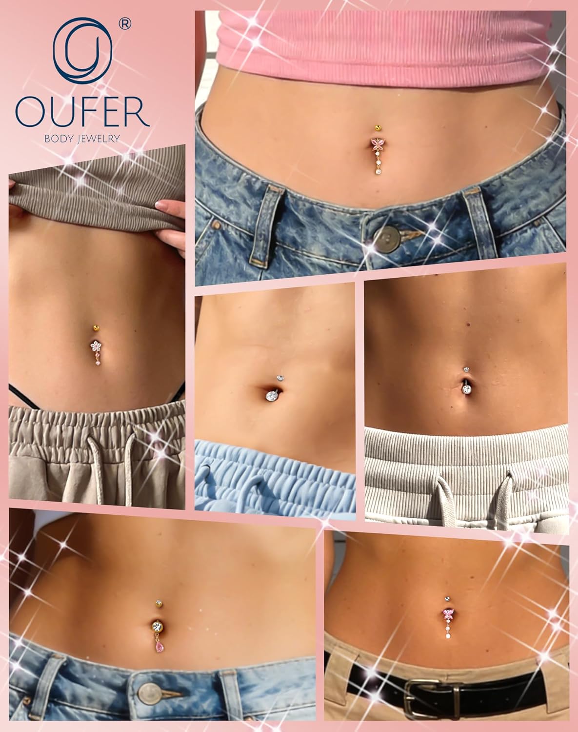 OUFER 5x Bauchnabelpiercings baumelnd – 14G Chirurgischer Stahl Bauchnabelpiercing, Hypoallergener Bauchnabelring mit Zirkonia Schmetterling Blume Tropfen Langhantel für Strand, Festival, Fitnessstudio
