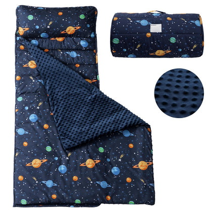 PHF Toddler Nap Mat with Removable Pillow and Minky Blanket, Rollup Design Kids Sleeping Mat, Slumber Bags for Boys, 55"x23" Toddler Sleeping Bag for Daycare Preschool Travel Camping, Space