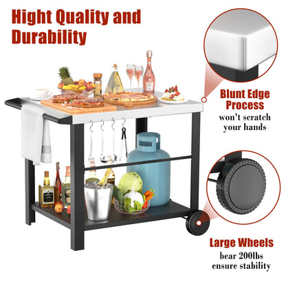 Pizza Oven Table Grill Cart with Topping Station, Grill Table Stand with Wheels for Ninja, Blackstone Griddle, Ooni, Gozney, Cuisinart, Heavy Duty BBQ Prep Cart with Storage Shelf and Hooks
