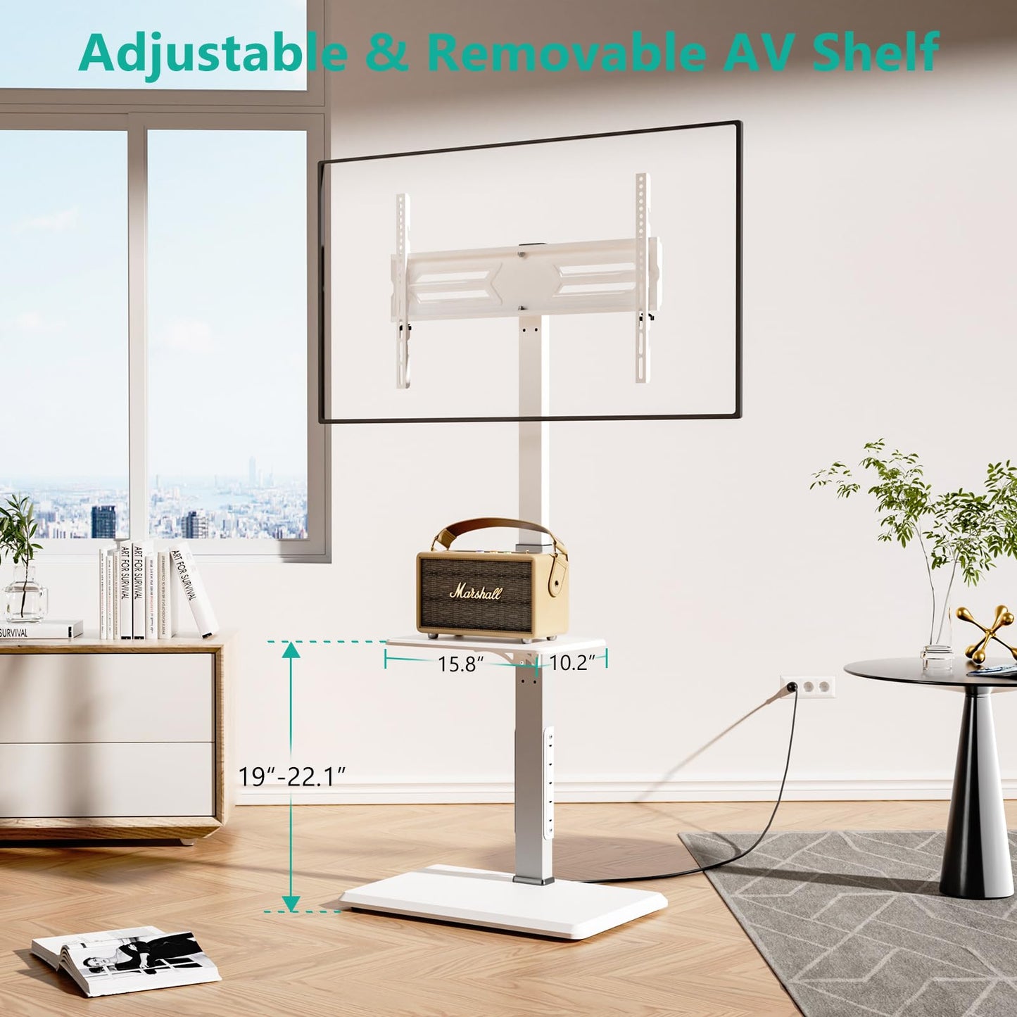 WALI Rolling TV Stand with Power Outlet & AV Shelf, Mobile Tall TV Stand Mount on Wheels for 34-75 inch TV up to 110 lbs, Swivel Height Adjustable TV Cart with Wood Base for Bedroom(TVDVD-6PRW), White
