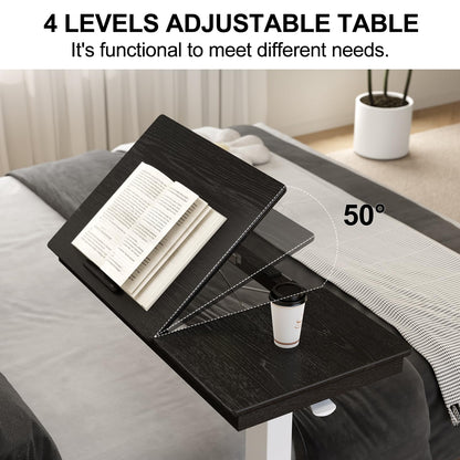 Muwuele Solid Wood Overbed Bedside Table with Wheels, Adjustable Medical Tilt Top Hospital Bed Table Over The Bed, Rolling Laptop Desk, Mobile Standing Desk for Hospital and Home Use (Walnut)