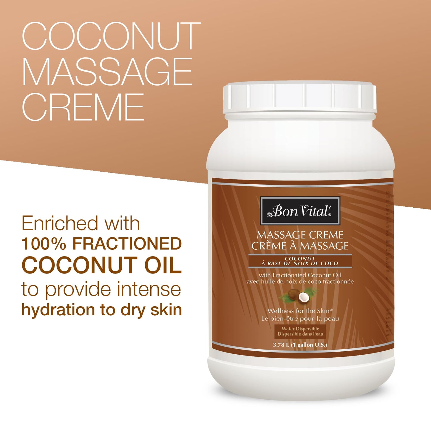 Bon Vital' Coconut Massage Creme Made with 100% Pure Fractionated Coconut Oil, Massage Cream & Moisturizer to Repair Dry Skin, No Greasy Feel, Anti-Aging Cream for Professional Massage, 5 Gallon Pail