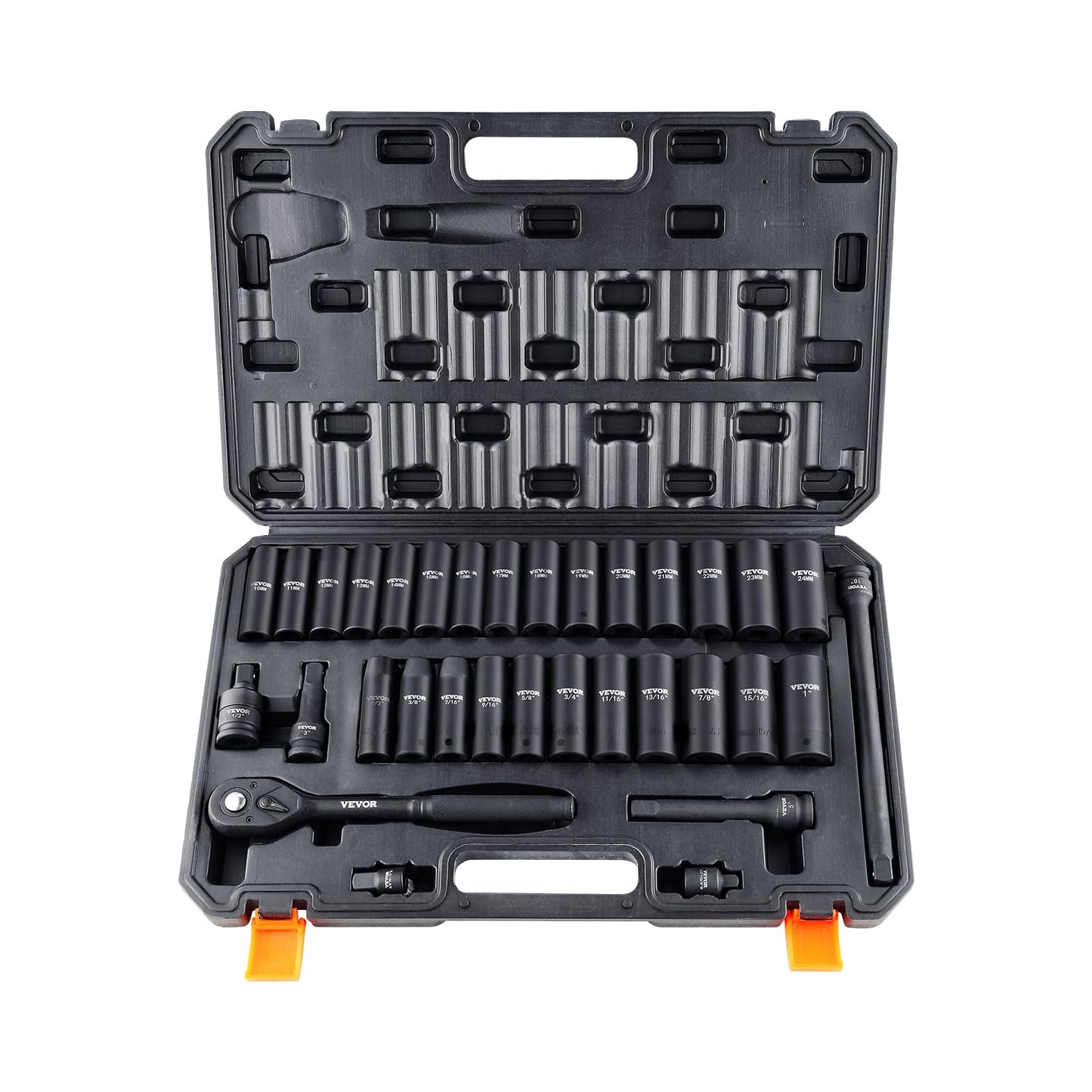VEVOR 91-Piece 1/2" Drive Impact Socket Set, SAE (5/16" to 1-1/4") & Metric (8 to 32 mm), CR-V, Deep & Shallow, 6 Point, Ratchet Handle, Universal Joint, Adapters, Extension Bars (3, 5, 10 in)
