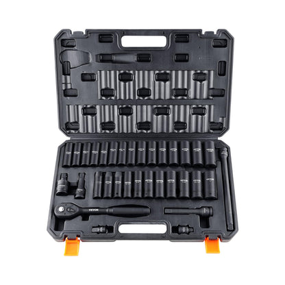 VEVOR 91-Piece 1/2" Drive Impact Socket Set, SAE (5/16" to 1-1/4") & Metric (8 to 32 mm), CR-V, Deep & Shallow, 6 Point, Ratchet Handle, Universal Joint, Adapters, Extension Bars (3, 5, 10 in)
