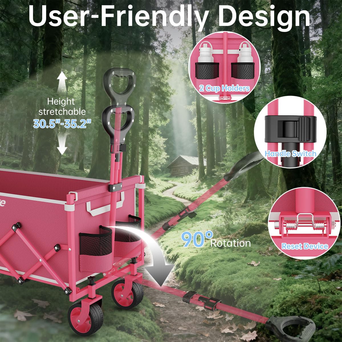 Extra Long Collapsible Wagon Cart, 480LBS Heavy Duty Utility Wagons with All-Terrain Wheels, Foldable Grocery Carts for Gardening, Shopping, Beach, Camping, Black