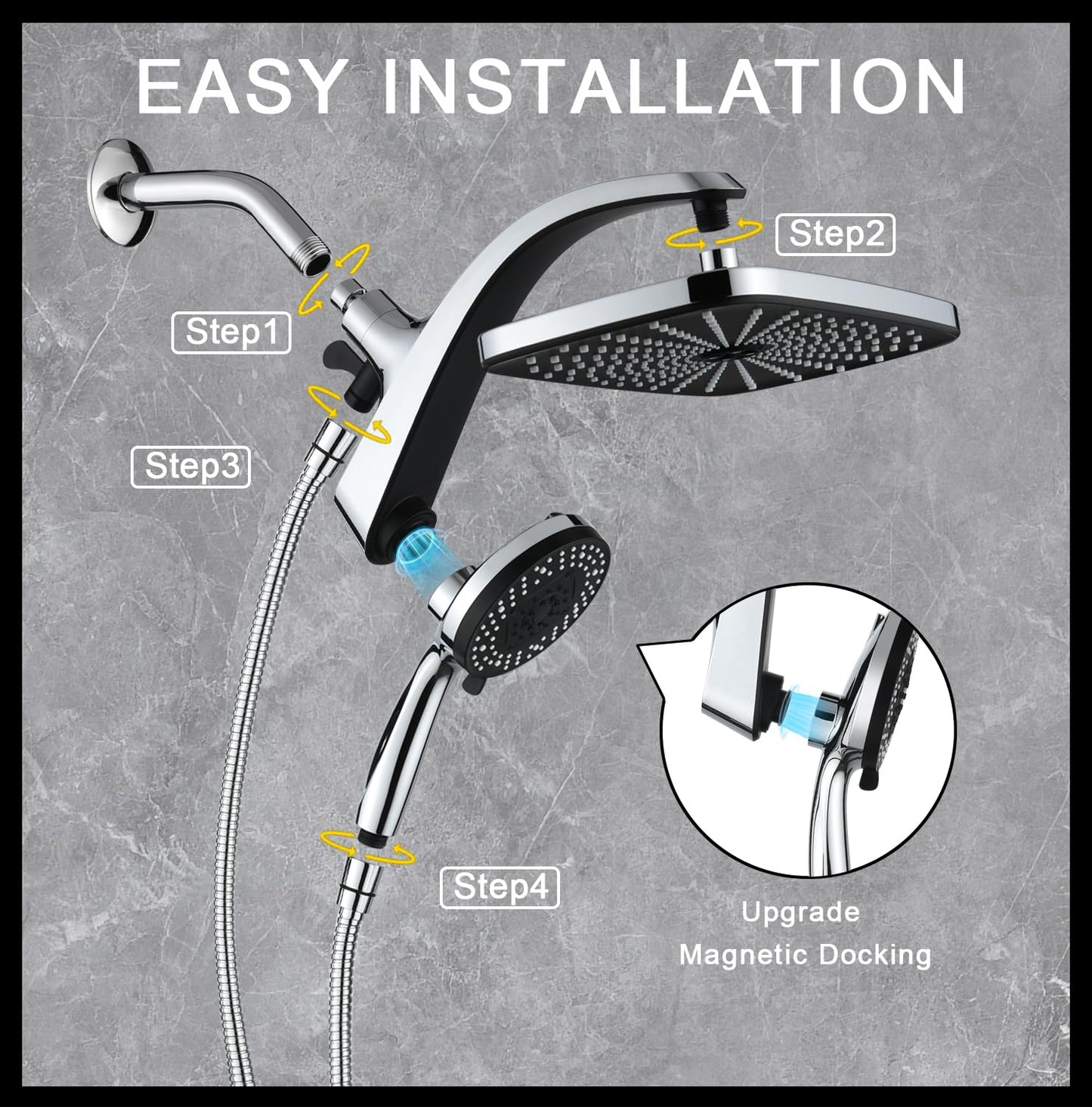 BOZYBO Rain Shower Head with Handheld: High Pressure Shower Heads with Handheld Spray Combo, 12" Rainfall Shower Head and 9 Sprays Hand Showerheads with Magnetic Docking and Power Jets, Chrome