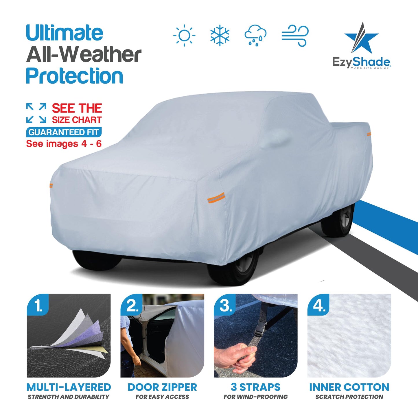 EzyShade 10-Schicht Autoabdeckung Wasserdicht Allwetter - Siehe Fahrzeug-Größentabelle - Autoabdeckungen für Automobile & Auto Schneeabdeckung - Komplette Außenabdeckungen - Winter Regen Sonne SUV Limousine. Größe A4 (Siehe Größentabelle)